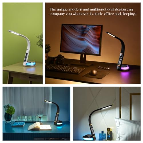 i-Smt LED Table Lamp Wireless Charging, Eye Protection, 9 Lighting Modes, Calendar, Time, Alarm, Temperature Display, Adjustable Gooseneck Arm, Neon Base
