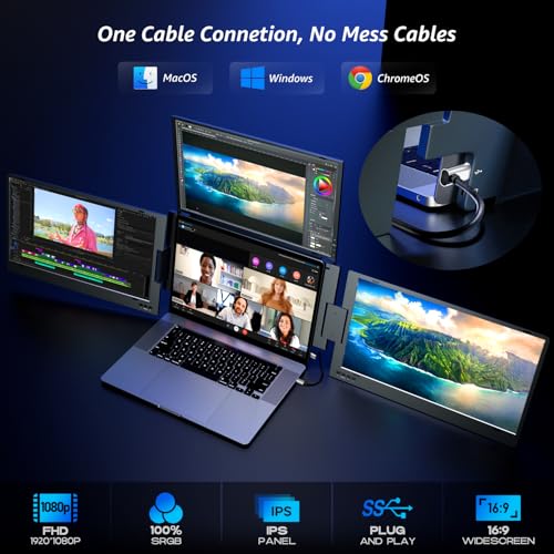 KPKUE 14 inch Triple Screen Extender for Laptop, FHD IPS Monitor, USB-C Connection, Dual Screen Compatible with 11.6"-15.6" Devices