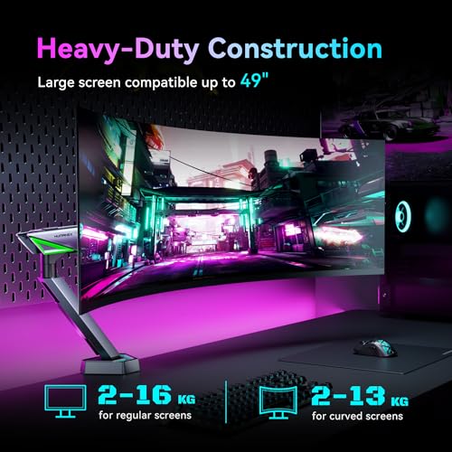 Humanex Gaming Monitor Arm with 20 Mode RGB LED Lights - Adjustable Mount for 17-45 inch Screens - Cable Management