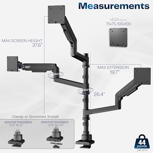 VIVO Triple Monitor Desk Mount for 49 inch Screens, Heavy Duty Clamp, Holds 3 Monitors Up to 20kg, Black Stand