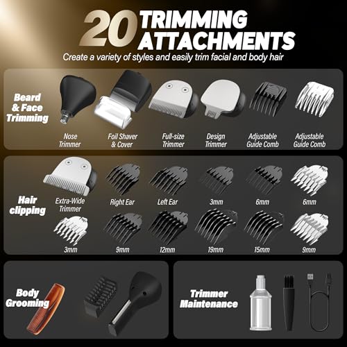 Waterproof Beard Trimmer Kit for Men - Cordless Grooming Set for Face, Body, Mustache - Electric Shaver with Hair Clippers & Nose Trimmer