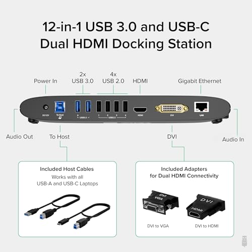 Plugable USB Docking Station for Dual HDMI Monitors, Windows, macOS, ChromeOS - Gigabit Ethernet, Audio, 6 USB Ports