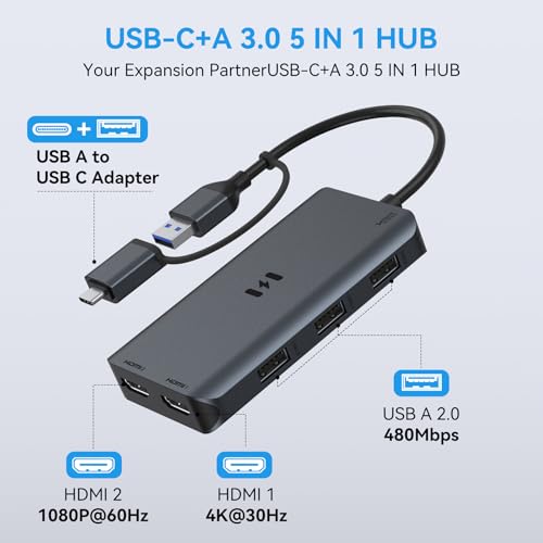 Universal USB Docking Station: Dual HDMI Adapter for Extended Display on MacBook Pro/Air, Dell, HP - USB-C Laptop - 2 HDMI Ports