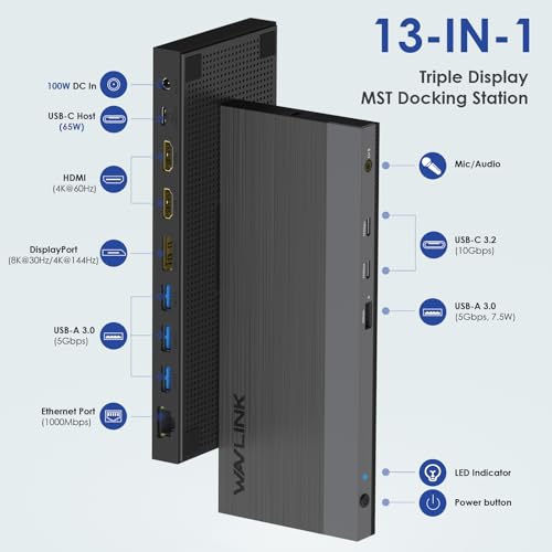 WAVLINK USB C Docking Station, Triple Display, 65W Charging, 8K@30Hz, HDMI, PD, USB 3.0, Ethernet