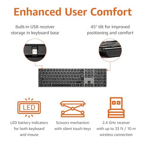 Amazon Basics Wireless Mouse & Ultra Slim Keyboard Set - Quiet, Full Size, Number Pad - Black