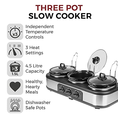 Tower Three Pot Slow Cooker, Independent Temp Controls, Keep Warm, 1.5L Each, Stainless Steel