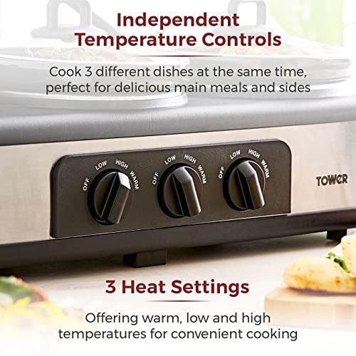 Tower Three Pot Slow Cooker, Independent Temp Controls, Keep Warm, 1.5L Each, Stainless Steel