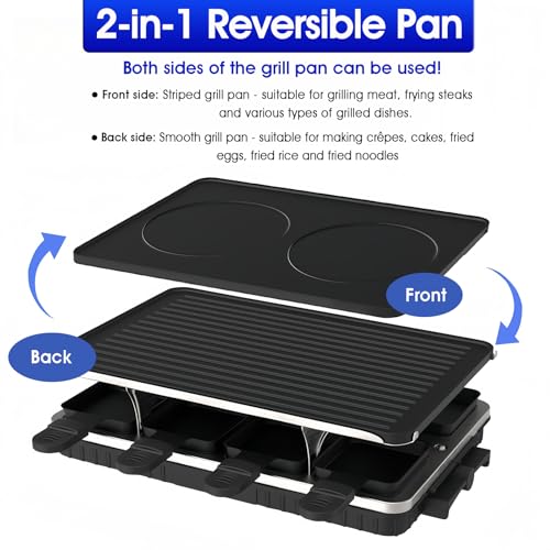 LeuKoles Raclette Grill for 8 People, 1300W Electric with Reversible Non-stick Pan & Mini Cheese Pans - Indoor BBQ & Party