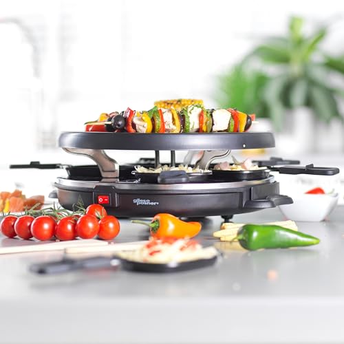 Giles & Posner Electric Round Raclette Grill - Tabletop 6 Person, Non-Stick Pans, Spatulas, 29cm Plate, 800W