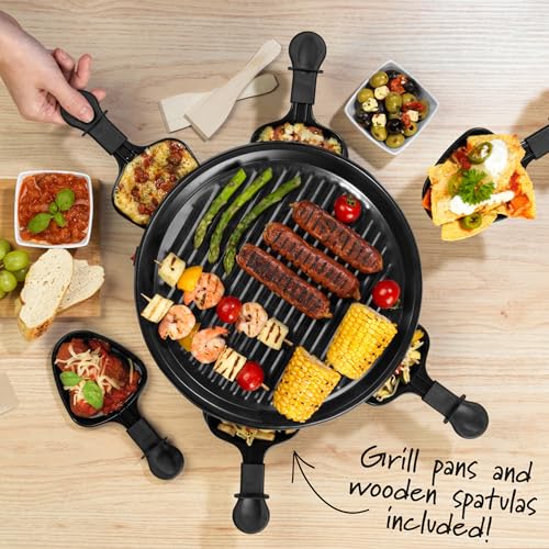 Giles & Posner Electric Round Raclette Grill - Tabletop 6 Person, Non-Stick Pans, Spatulas, 29cm Plate, 800W