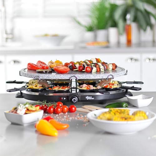 Giles & Posner Stone Raclette Grill: Indoor Tabletop 8 Person, Removable Hot Plate, Non-Stick Pans, Spatulas, Adjustable Temp - 1200W