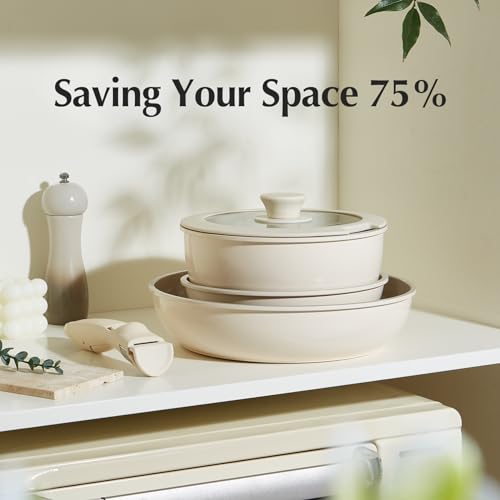 Redchef Ceramic Cookware Set, Non Stick Pots & Pans, Detachable Handle, PFAS PFOA PTFE Free, RV (Beige)