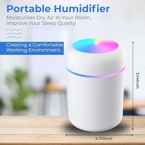 Lizzy Portable Mini Humidifier 300ml for Bedroom | Colorful Cycling Light, 2 Mist Modes, Auto Shut-Off | Whisper-Quiet | Home, Office, Car