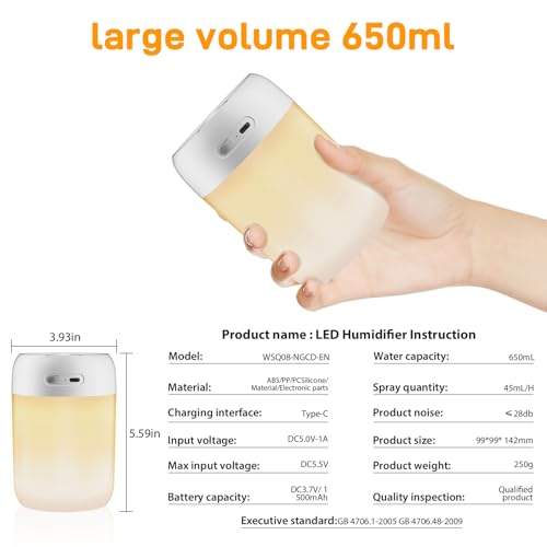 Kissleaf Mini Room Humidifier 650ml: Quiet Baby Air Humidifier for Bedroom, Children, Plants - Long-lasting 15H - Warm Light
