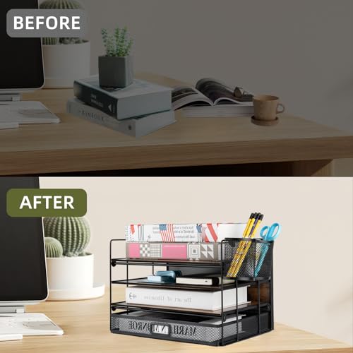 Vintage Wood Desk File Organizer with Drawer, 4-Tier Paper Tray