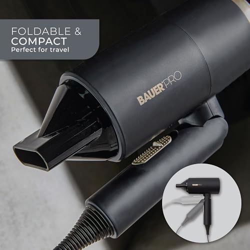 Bauer Ion FlowX Hair Dryer: Professional Ionic, 2 Speeds, 3 Heat Settings, Cool Shot, Concentrator Nozzle, Foldable - Travel Friendly