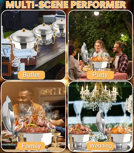 Beviliu 9L Buffet Set: 4 Pack Round Food Warmers, Gold Stainless Chafer - Perfect for Catering and Parties
