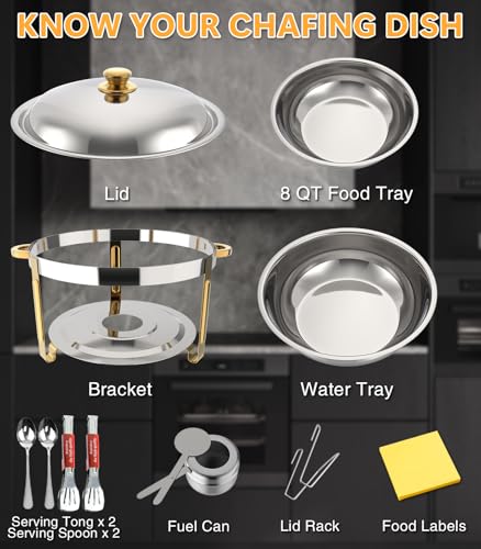 Beviliu 9L Buffet Set: 4 Pack Round Food Warmers, Gold Stainless Chafer - Perfect for Catering and Parties