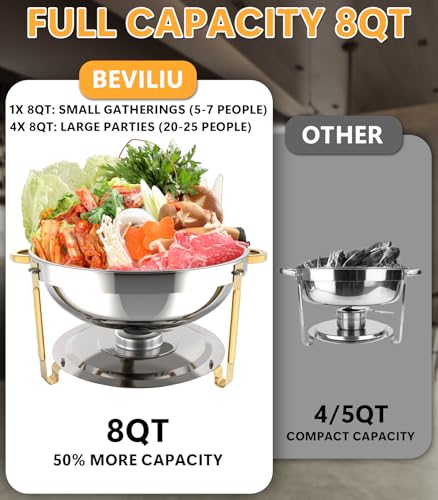 Beviliu 9L Buffet Set: 4 Pack Round Food Warmers, Gold Stainless Chafer - Perfect for Catering and Parties