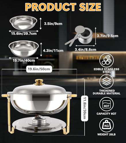 Beviliu 9L Buffet Set: 4 Pack Round Food Warmers, Gold Stainless Chafer - Perfect for Catering and Parties