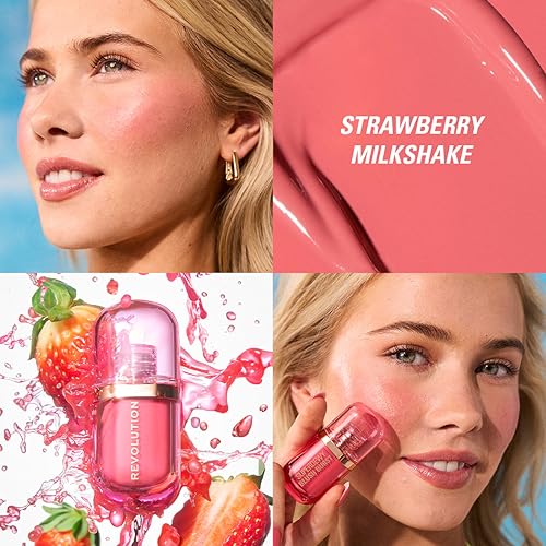 Revolution Superdewy Liquid Blush: Buildable Cheek Color with Peptides, Hyaluronic Acid, Vegan, Strawberry Milkshake Pink, 4.2ml
