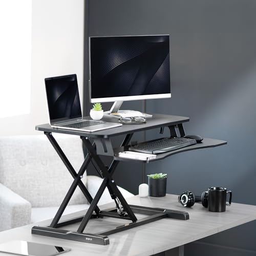 VIVO 81 inch Desk Converter: Height Adjustable Sit-Stand Dual Monitor & Laptop Workstation, Wide Keyboard Tray - Black