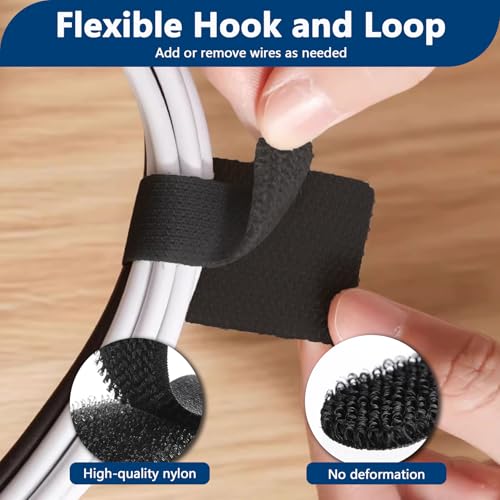 Abnii Cable Management Clips: Self-Adhesive Tidy Straps for TV, PC, Laptop - Hook and Loop Cord Organizer - Black, Small