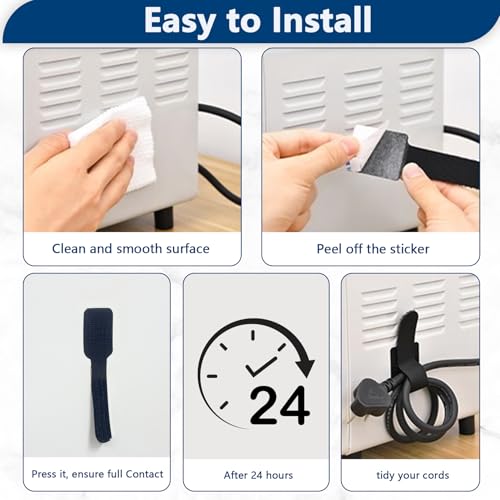 Abnii Cable Management Clips: Self-Adhesive Tidy Straps for TV, PC, Laptop - Hook and Loop Cord Organizer - Black, Small