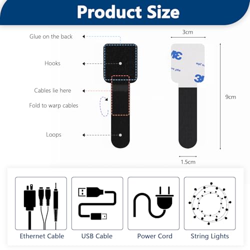 Abnii Cable Management Clips: Self-Adhesive Tidy Straps for TV, PC, Laptop - Hook and Loop Cord Organizer - Black, Small