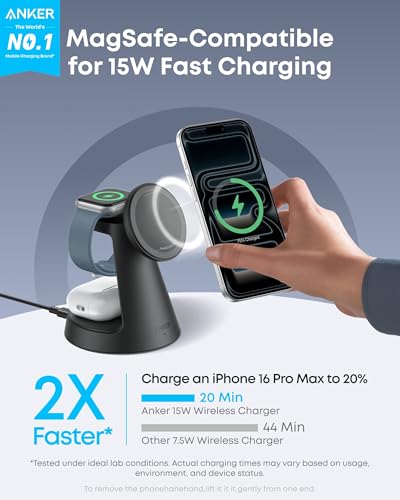 Anker MagGo Wireless Charger Stand: 3-in-1 Qi-Certified 15W, iPhone 13/14/15/16/17, Apple Watch, AirPods Pro - Adapter Included