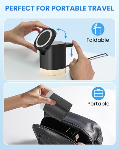 JoyGeek Wireless Charger Stand with Night Lights for iPhone & AirPods, Magnetic Dock for Apple Watch, Foldable Design - Black