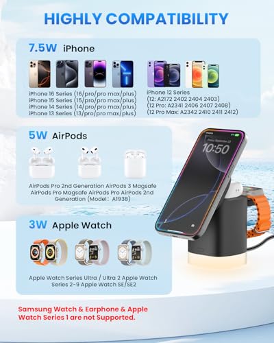 JoyGeek Wireless Charger Stand with Night Lights for iPhone & AirPods, Magnetic Dock for Apple Watch, Foldable Design - Black