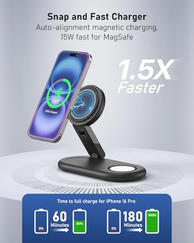 Apple 3-in-1 Wireless Charger Stand, 15W Fast MagSafe for iPhone, Apple Watch, AirPods