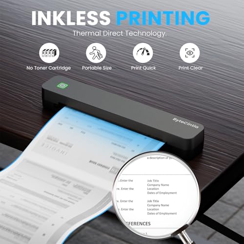 ByteCintia Portable Printer: C80 Bluetooth Thermal Printer for Travel, A4 8.5x11 Inch US Letter, Inkless, Android/iOS/Laptop, Black