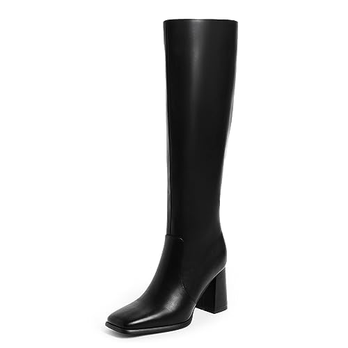 Modatope Women's Chunky Heel Knee High Boots, Square Toe, Side Zipper