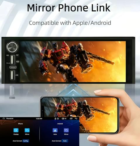 Brand Single Din Car Stereo, Wireless Apple CarPlay & Android Auto, 6.9" Touch Screen, Bluetooth Receiver, Reverse Camera