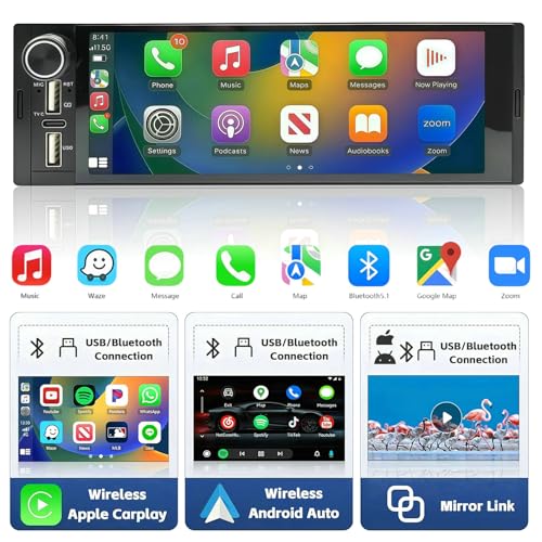 Brand Single Din Car Stereo, Wireless Apple CarPlay & Android Auto, 6.9" Touch Screen, Bluetooth Receiver, Reverse Camera