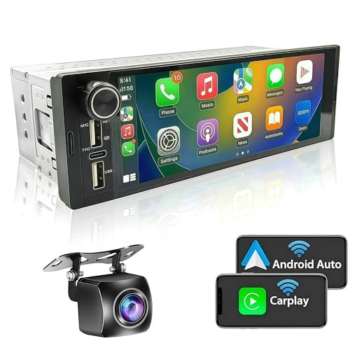 Brand Single Din Car Stereo, Wireless Apple CarPlay & Android Auto, 6.9" Touch Screen, Bluetooth Receiver, Reverse Camera