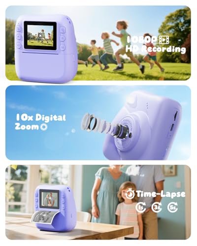 CAMCLID Kids Instant Print Camera, 1080P, 32G Card, 3 Rolls Paper, Childrens Toy Christmas Birthday Gifts 3-12 Year Olds Girls Boys