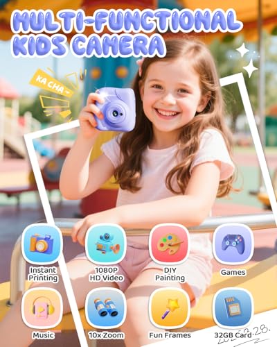 CAMCLID Kids Instant Print Camera, 1080P, 32G Card, 3 Rolls Paper, Childrens Toy Christmas Birthday Gifts 3-12 Year Olds Girls Boys