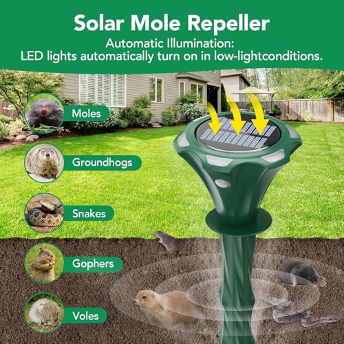 Solar Powered Mole & Snake Repellent: Motion Detection LED, Waterproof, Ultrasonic - Get Rid of Vole, Rabbit, Gopher, Raccoon