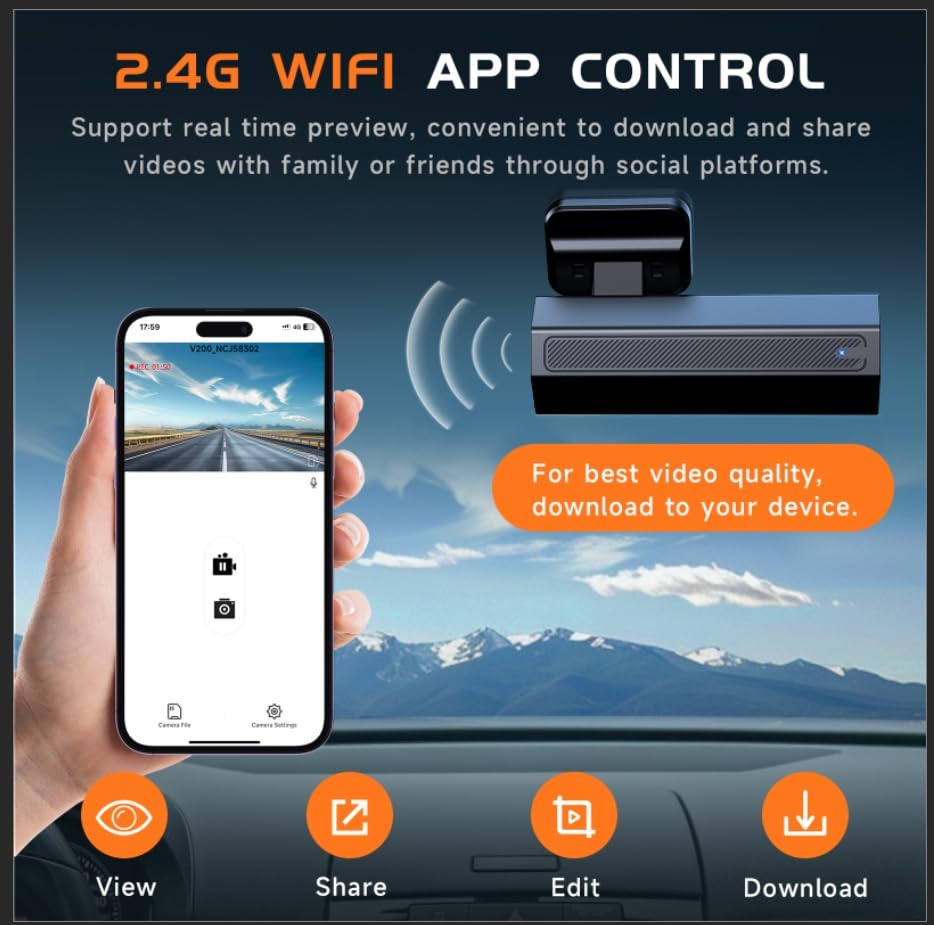 VEEMENT 2.5K Dash Cam: 1440P WiFi, WDR, Night Vision, G-Sensor