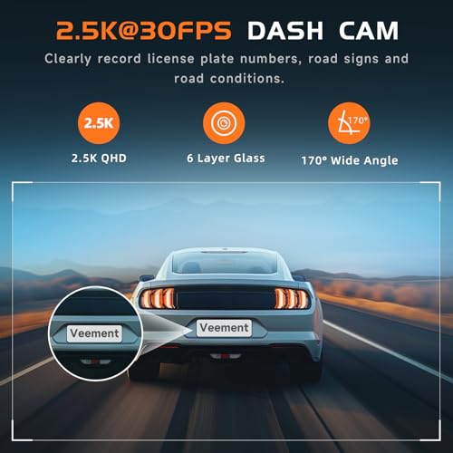VEEMENT 2.5K Dash Cam: 1440P WiFi, WDR, Night Vision, G-Sensor