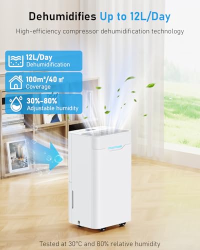Brand 12L Dehumidifier: Continuous Drainage, Humidity Display, 3 Modes, 24H Timer - Quiet Compression for Home, Clothes, Basement