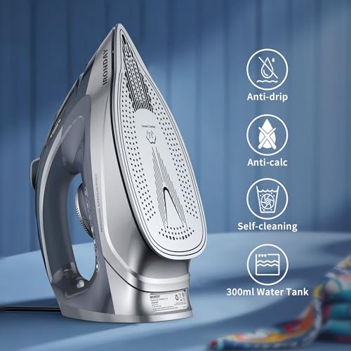 Brand Steam Iron 1700W: Rapid Heat, Burst of Steam, Ceramic Soleplate, Auto shutoff, Anti-Drip, Self-Cleaning - All Fabrics