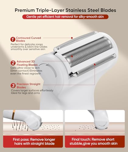 Waterproof 3-in-1 Lady Shaver for Women - Rechargeable, Painless Electric Foil Shaver - Body, Arms, Legs - Wet/Dry - Nose Trimmer