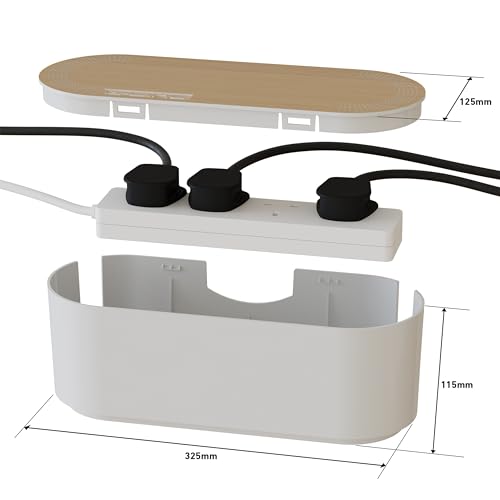 D-Line Cable Tidy Box: Hide Extension Blocks, Desk & TV Wire Management - Small, White Wood Lid, Electrically Safe ABS - 325x125x115mm