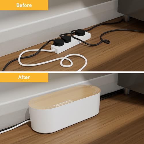 D-Line Cable Tidy Box: Hide Extension Blocks, Desk & TV Wire Management - Small, White Wood Lid, Electrically Safe ABS - 325x125x115mm