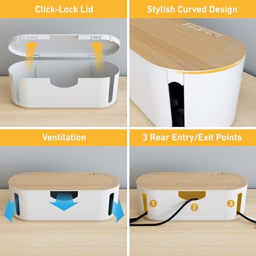 D-Line Cable Tidy Box: Hide Extension Blocks, Desk & TV Wire Management - Small, White Wood Lid, Electrically Safe ABS - 325x125x115mm