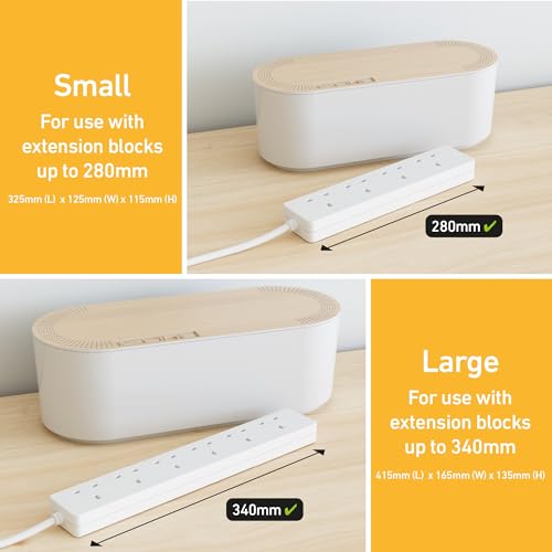 D-Line Cable Tidy Box: Hide Extension Blocks, Desk & TV Wire Management - Small, White Wood Lid, Electrically Safe ABS - 325x125x115mm